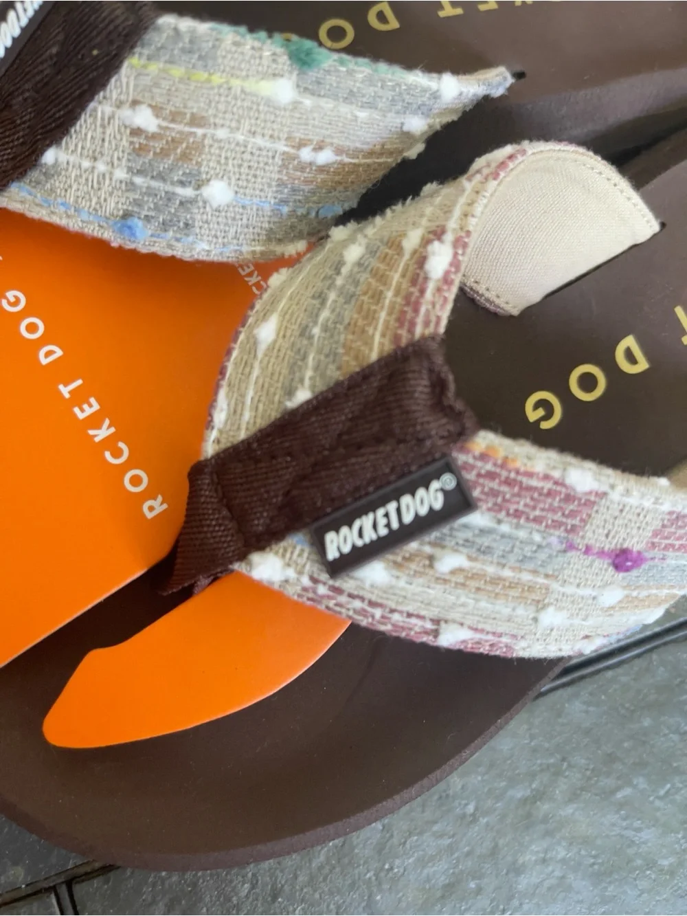 Rocket Dog Brown Flip Flops with Multicolor Canvas Straps